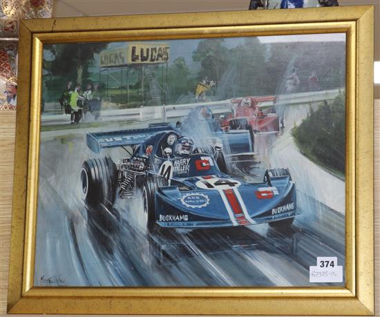 Michael Maule, oil on board, Formula 1 racing scene, signed and dated July 74, 40 x 50cm